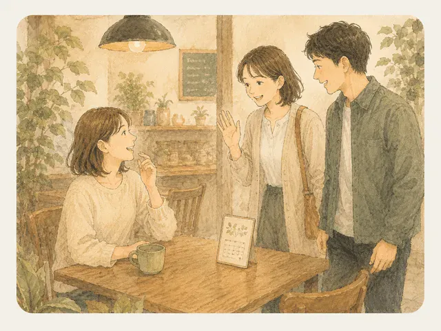 カフェで再会して手を振る人たちのイラスト
